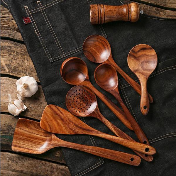 Targehome  Natural Teak Wooden Handmade Nonstick Cooking Utensil Set targehome