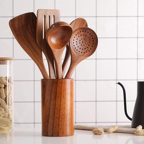 Targehome Natural Teak Wooden Handmade Nonstick Cooking Utensil Set targehome